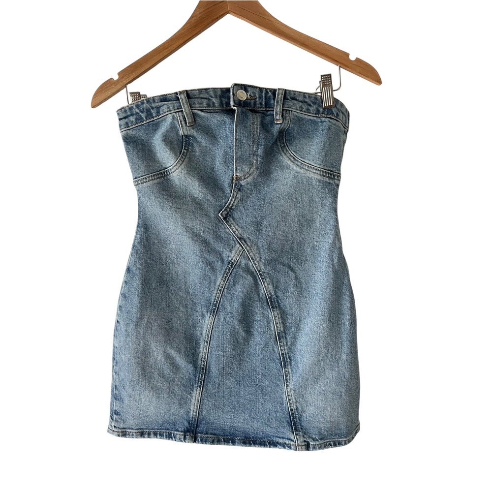 Zara Denim Tube Dress Strapless Mini Bodycon Small Wash Blue